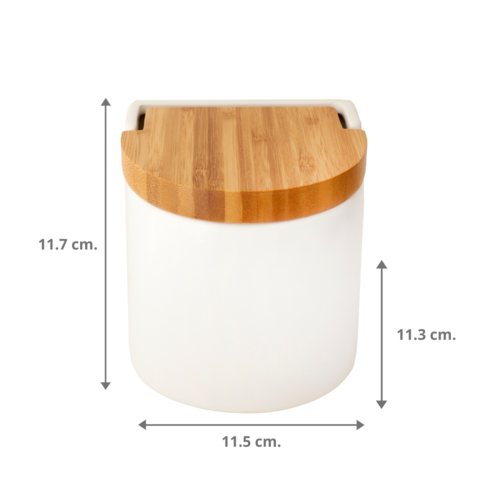 Salero de porcelana blanco con tapa de bambu estilo nordico