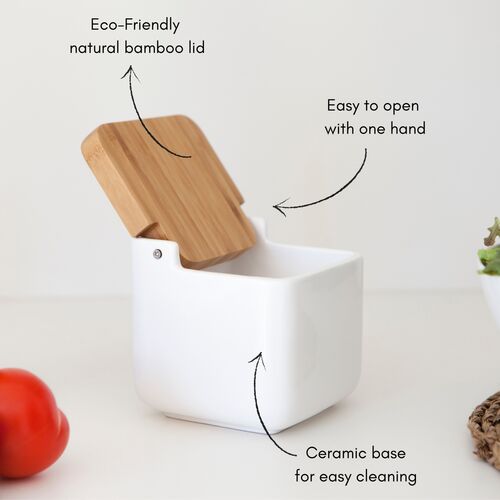 Salero de cocina  con tapa bambú SQUARE - blanco brillo
