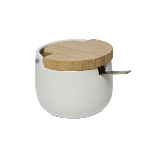 Azucarero cermica con tapa de bamb y cuchara de acero inoxidable BALL   blanco