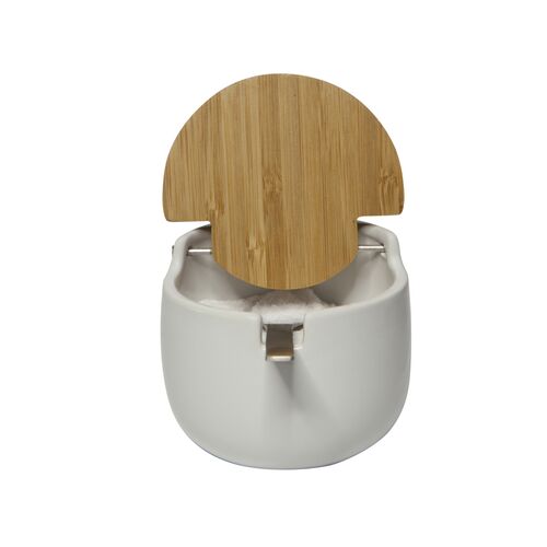 Azucarero cermica con tapa de bamb y cuchara de acero inoxidable BALL   blanco