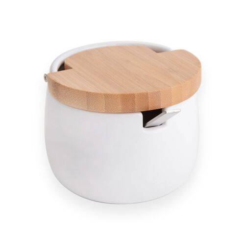 Azucarero cermica con tapa de bamb y cuchara de acero inoxidable BALL  blanco