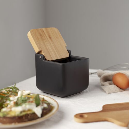 Salero de Cocina de Cerámica cuadrado con tapa de madera de Bambú Color  blanco mate