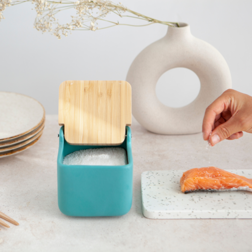 Salero de cocina  con tapa bamb SQUARE - teal mate