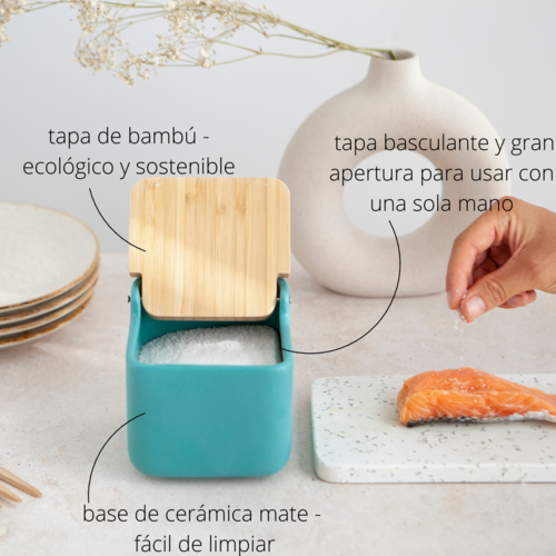 Salero de Cocina de Cerámica cuadrado con tapa de madera de Bambú Color  teal mate