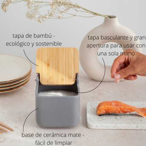 Salero de Cocina de Cerámica cuadrado con tapa de madera de Bambú Color  negro