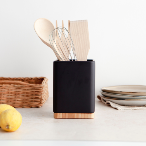 Porta utensilios de cocina con base de bambú SQUARE - blanco brillo