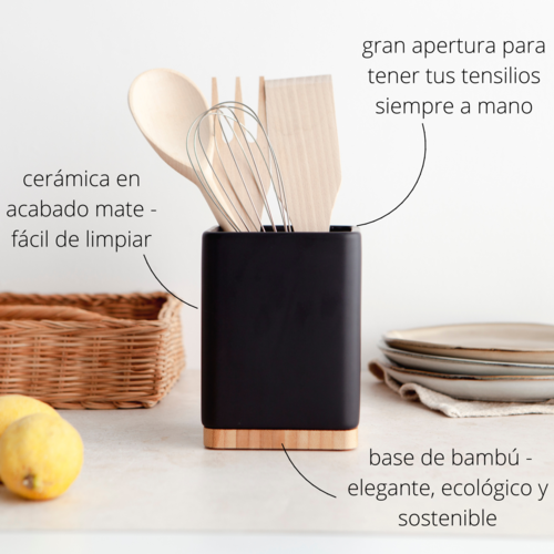 Porta utensilios de cocina Bote para utensilios cerámica y bambú Soporte utensilios  cocina cuadrado blanco brillo