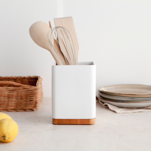 Porta utensilios de cocina con base de bamb SQUARE - blanco brillo