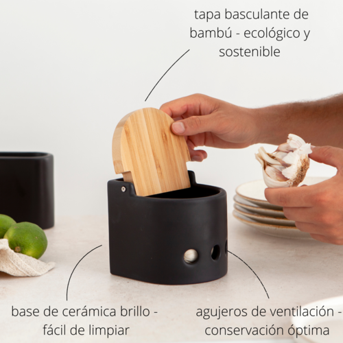 Bote de ajos cocina cermica y bamb SEMI - negro mate