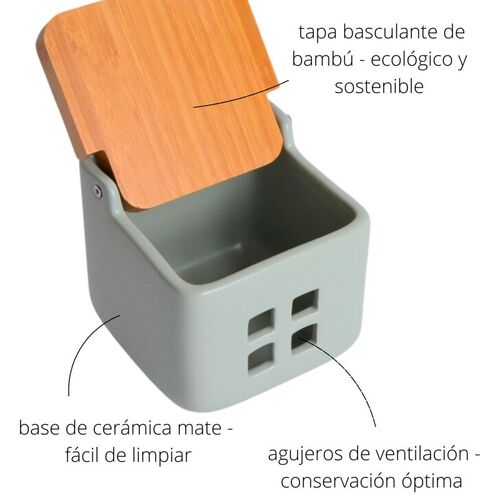 Bote de ajos cocina cerámica y bambú square - sage mate