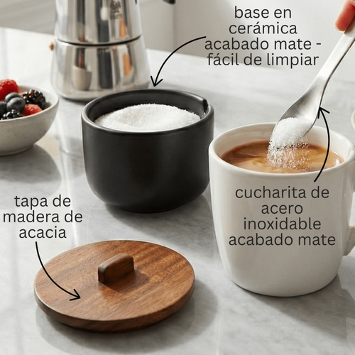 Azucarero cerámica CURVE con tapa de acacia y cucharilla - Negro mate