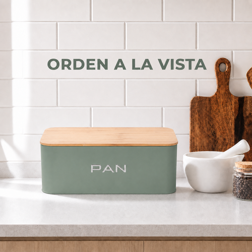 Panera de Metal con Tapa de Bambú - Verde Salvia Mate